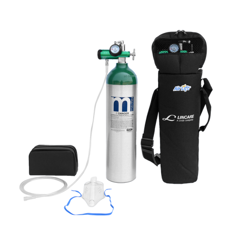 Oxygen tank, small size, Black Lincare Oxygen Tank Backpack for D Size oxygen tanks, including a 0-15LPM regulator, 4-pack of oxygen masks, and a cylinder bag O2 tank carrier holder. Transparent background