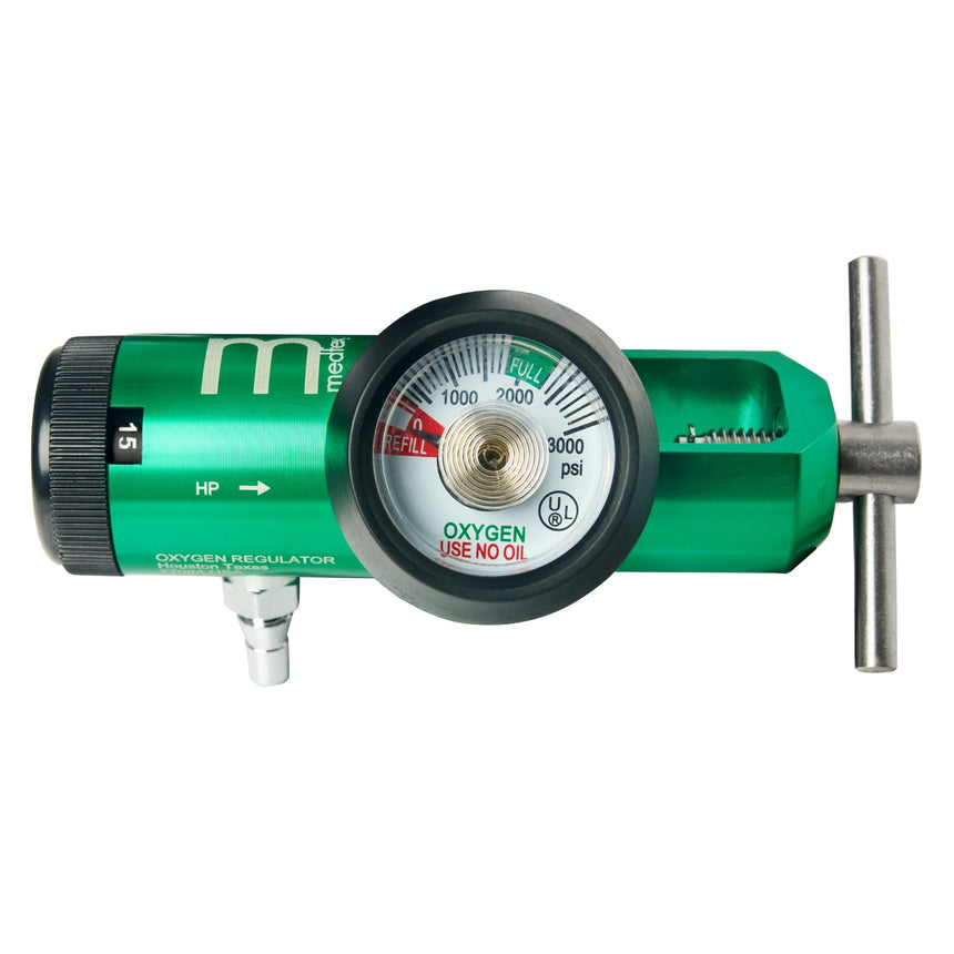 Medfex 15LPM Oxygen Regulator CGA-870, Adjustable 0-15 LPM flow – Latex Free, Aluminum/Brass, Max Inlet: 3000 PSI, 1.38” x 4.65” W