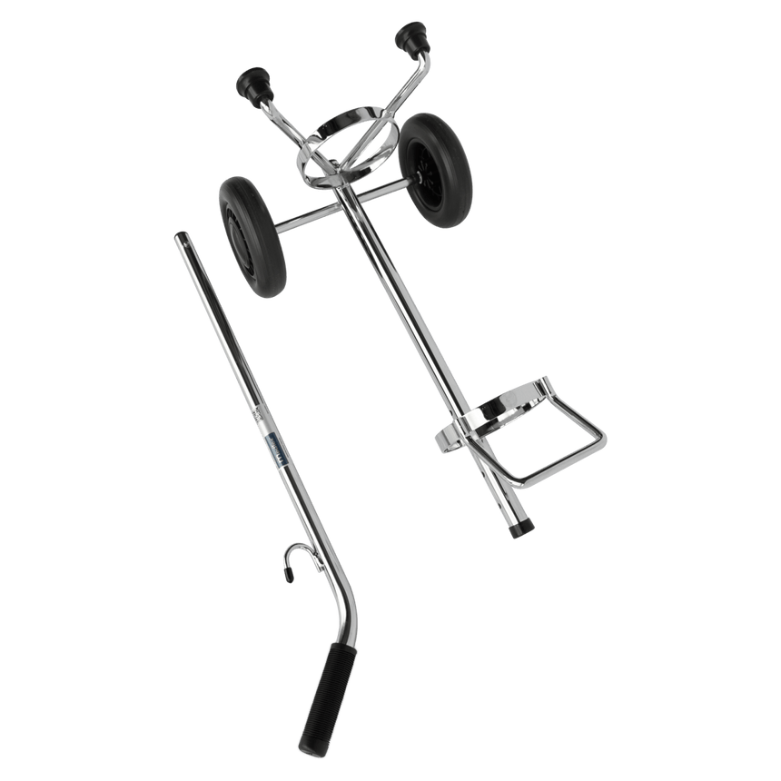 Adjustable height, upgraded grip – Chrome-finished oxygen cart for "D" or "E" size oxygen cylinder. Easy maneuvering with adjustable handle and large black wheels on transparent background.
