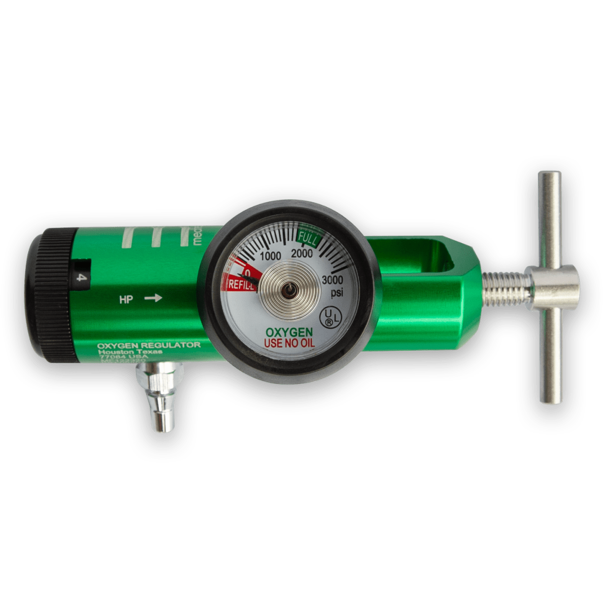 CGA 870 Oxygen Regulator with single barb outlet, 0-15LPM flow range. Lightweight anodized aluminum design with brass conduits for durable and dependable home use on transparent background. 