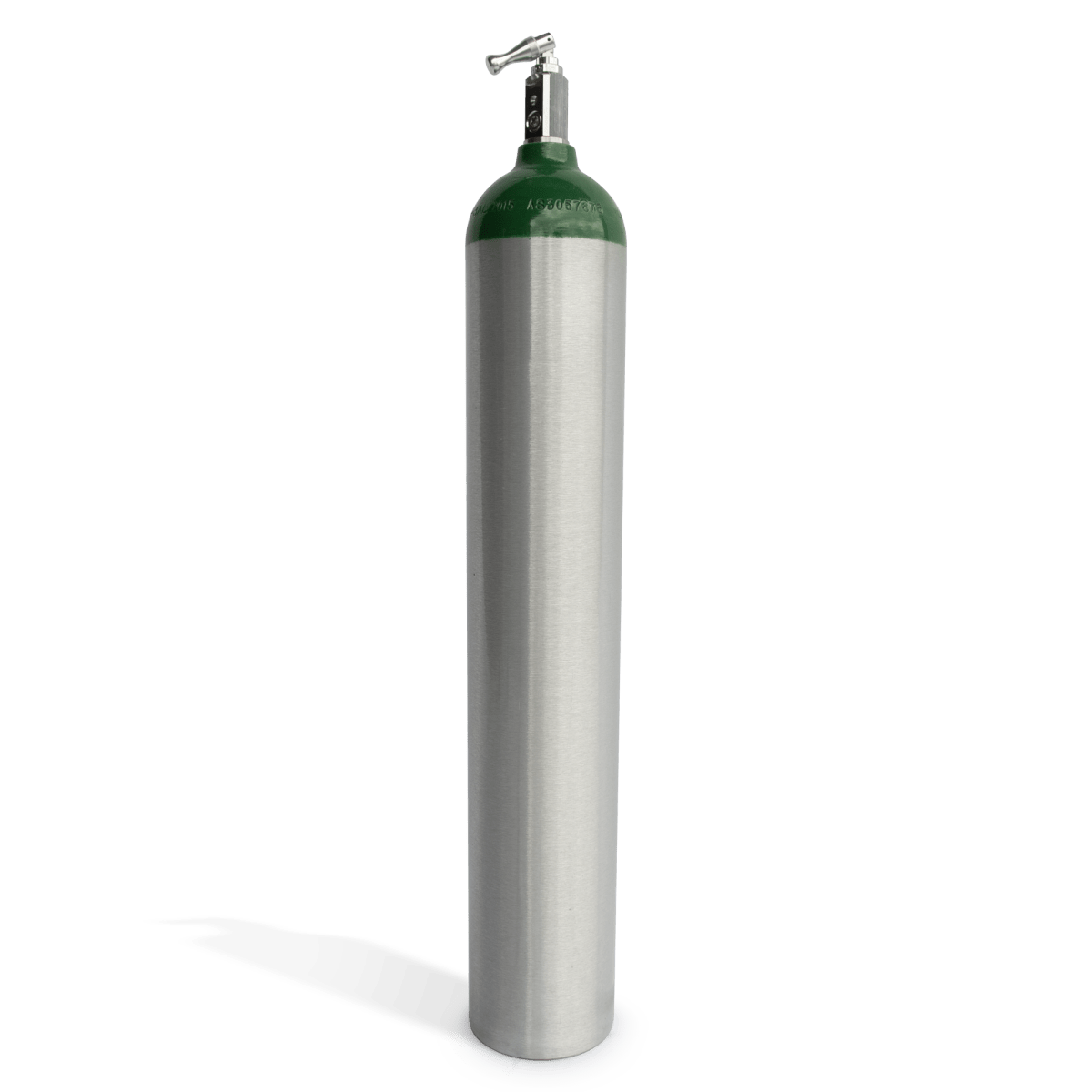 682-Liter USA-Made Oxygen Tank with non-sparking design, green dome, and brushed finish for safety and style on transparent background.
